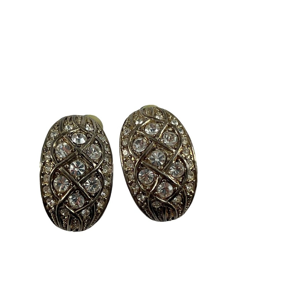 Vintage Clip One Silver Tone Rhinestones Earrings Domed Formal Dressy